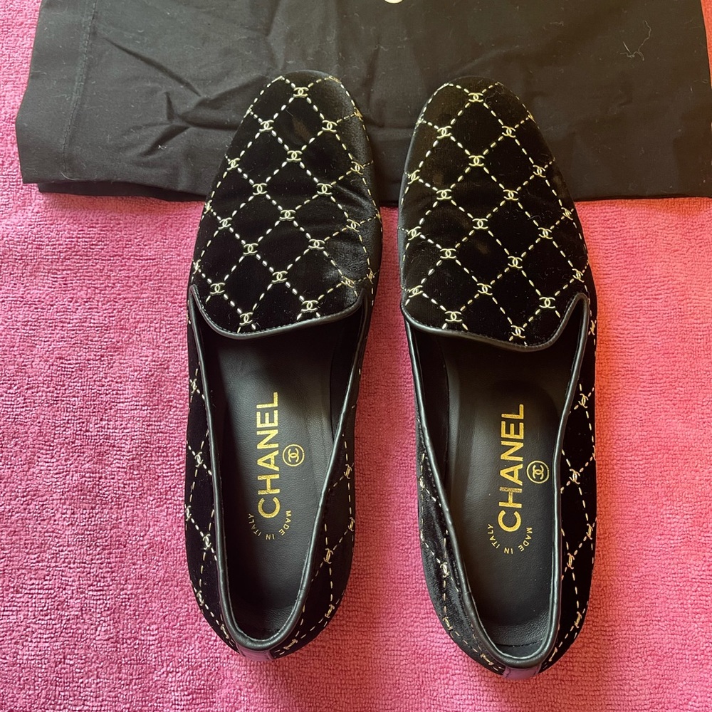 Chanel Blk Velvet Diamond Patterned Moccasin 39.5